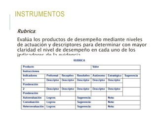 INSTRUMENTOS
Rubrica:
Evalúa los productos de desempeño mediante niveles
de actuación y descriptores para determinar con mayor
claridad el nivel de desempeño en cada uno de los
indicadores de la evidencia.
 
