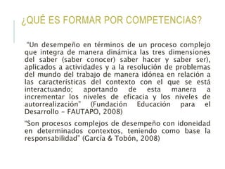 ¿QUÉ ES FORMAR POR COMPETENCIAS?
“Un desempeño en términos de un proceso complejo
que integra de manera dinámica las tres dimensiones
del saber (saber conocer) saber hacer y saber ser),
aplicados a actividades y a la resolución de problemas
del mundo del trabajo de manera idónea en relación a
las características del contexto con el que se está
interactuando; aportando de esta manera a
incrementar los niveles de eficacia y los niveles de
autorrealización” (Fundación Educación para el
Desarrollo - FAUTAPO, 2008)
“Son procesos complejos de desempeño con idoneidad
en determinados contextos, teniendo como base la
responsabilidad” (García & Tobón, 2008)
 