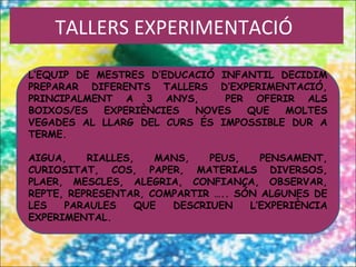 TALLERS EXPERIMENTACIÓ
L’EQUIP DE MESTRES D’EDUCACIÓ INFANTIL DECIDIM
PREPARAR DIFERENTS TALLERS D’EXPERIMENTACIÓ,
PRINCIPALMENT A 3 ANYS, PER OFERIR ALS
BOIXOS/ES EXPERIÈNCIES NOVES QUE MOLTES
VEGADES AL LLARG DEL CURS ÉS IMPOSSIBLE DUR A
TERME.
 
AIGUA, RIALLES, MANS, PEUS, PENSAMENT,
CURIOSITAT, COS, PAPER, MATERIALS DIVERSOS,
PLAER, MESCLES, ALEGRIA, CONFIANÇA, OBSERVAR,
REPTE, REPRESENTAR, COMPARTIR ….. SÓN ALGUNES DE
LES PARAULES QUE DESCRIUEN L’EXPERIÈNCIA
EXPERIMENTAL.
 
 
