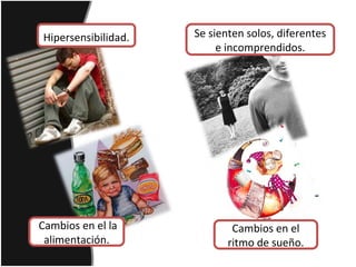 Hipersensibilidad. Se sienten solos, diferentes
e incomprendidos.
Cambios en el la
alimentación.
Cambios en el
ritmo de sueño.