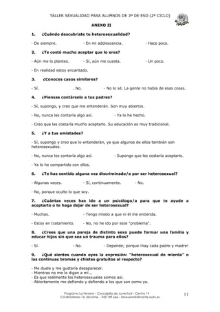 TALLER SEXUALIDAD PARA ALUMNOS DE 3º DE ESO (2º CICLO)

                                      ANEXO II

1.      ¿Cuándo descubriste tu heterosexualidad?

— De siempre.                    — En mi adolescencia.                      — Hace poco.

2.      ¿Te costó mucho aceptar que lo eres?

— Aún me lo planteo.             — Sí, aún me cuesta.                       — Un poco.

— En realidad estoy encantado.

3.      ¿Conoces casos similares?

— Sí.                    . No.                — No lo sé. La gente no habla de esas cosas.

4.      ¿Piensas contárselo a tus padres?

— Sí, supongo, y creo que me entenderán. Son muy abiertos.

— No, nunca les contaría algo así.                   — Ya lo he hecho.

— Creo que les costaría mucho aceptarlo. Su educación es muy tradicional.

5.      ¿Y a tus amistades?

— Sí, supongo y creo que lo entenderán, ya que algunos de ellos también son
heterosexuales.

— No, nunca les contaría algo así.                   — Supongo que les costaría aceptarlo.

— Ya lo he compartido con ellos.

6.      ¿Te has sentido alguna vez discriminado/a por ser heterosexual?

— Algunas veces.                 — Sí, continuamente.               — No.

— No, porque oculto lo que soy.

7.  ¿Cuántas veces has ido a un psicólogo/a para que te ayude a
aceptarte o te haga dejar de ser heterosexual?

— Muchas.                        — Tengo miedo a que ni él me entienda.

— Estoy en tratamiento.          — No, no he ido por este "problema".

8.  ¿Crees que una pareja de distinto sexo puede formar una familia y
educar hijos sin que sea un trauma para ellos?

— Sí.                    — No.                — Depende; porque ¡hay cada padre y madre!

9.   ¿Qué sientes cuando oyes la expresión: "heterosexual de mierda" o
las continuas bromas y chistes gratuitos al respecto?

—   Me duele y me gustaría desaparecer.
—   Mientras no me lo digan a mí...
—   Es que realmente los heterosexuales somos así.
—   Abiertamente me defiendo y defiendo a los que son como yo.


                   Programa La Nevera – Concejalía de Juventud – Centro 14
                 C/Labradores 14, Alicante. - 965 149 666 – lanevera@alicante-ayto.es
                                                                                             11
 