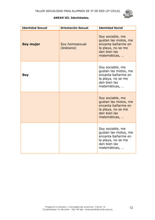 TALLER SEXUALIDAD PARA ALUMNOS DE 3º DE ESO (2º CICLO)

                       ANEXO III. Identidades.


Identidad Sexual              Orientación Sexual                   Identidad Social


                                                                   Soy sociable, me
                                                                   gustan las motos, me
Soy mujer                     Soy homosexual                       encanta bañarme en
                              (lesbiana)                           la playa, no se me
                                                                   dan bien las
                                                                   matemáticas, …


                                                                   Soy sociable, me
                                                                   gustan las motos, me
Soy                                                                encanta bañarme en
                                                                   la playa, no se me
                                                                   dan bien las
                                                                   matemáticas, …


                                                                   Soy sociable, me
                                                                   gustan las motos, me
                                                                   encanta bañarme en
                                                                   la playa, no se me
                                                                   dan bien las
                                                                   matemáticas, …


                                                                   Soy sociable, me
                                                                   gustan las motos, me
                                                                   encanta bañarme en
                                                                   la playa, no se me
                                                                   dan bien las
                                                                   matemáticas, …




               Programa La Nevera – Concejalía de Juventud – Centro 14
             C/Labradores 14, Alicante. - 965 149 666 – lanevera@alicante-ayto.es
                                                                                      12
 