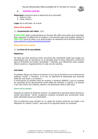 TALLER SEXUALIDAD PARA ALUMNOS DE 3º DE ESO (2º CICLO)

   I.     PRIMERA SESIÓN:

Materiales necesarios para el desarrollo de la actividad:
  1. Pizarra y tiza.
  2. Fotos. Anexo I

Lugar de la actividad: en el aula.

Inicio de la sesión:

I.1. Presentación del Taller. (10’)

El PRE-TEST debe cumplimentarse en formato ON LINE como parte de la actividad.
Esta indicación la deberá dar el profesor a los alumnos para que puedan realizar el
PRE-TEST fuera de clase y con anterioridad a la realización de la primera actividad.
www.centro14.com/juventud/lanevera.html

Desarrollo de la sesión:

I.2. La línea de la sexualidad.

Objetivos:

Se trata que el/la alumno/a tome conciencia del importante papel que juegan los
estereotipos que se reproducen en la sociedad sobre el sexo masculino y femenino
para la formación de nuestra sexualidad. Y además, que reflexionen cómo pueden
afectar positiva o negativamente en cada uno de nosotros.


Actividad:

El profesor dibuja una línea en la pizarra en la cual se escribirá en sus extremos las
palabras “mujer” y “hombre”. A su vez, se describirá el estereotipo que tenemos
todos de una mujer y un hombre.
A continuación se enseñan fotos de mujeres y hombres (ANEXO I) que no cumplen
los requisitos de las descripciones antes dadas de hombres y mujeres y se discute
si por ese motivo son mejores, peores o no pertenecen tanto a este sexo.

Cierre de la sesión:

Después se realizar la dinámica anterior, se preparará la siguiente sesión diciendo a
los/las alumnos/as: "ahora recogemos vuestras consultas que únicamente serán
sobre identidad sexual y/o afectividad".

Esto le pediremos que escriban en un papel de manera anónima sus dudas y las
depositen en nuestro “buzón”, para que en la siguiente sesión se resuelvan.




                 Programa La Nevera – Concejalía de Juventud – Centro 14
               C/Labradores 14, Alicante. - 965 149 666 – lanevera@alicante-ayto.es
                                                                                      3
 
