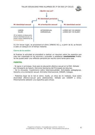 TALLER SEXUALIDAD PARA ALUMNOS DE 3º DE ESO (2º CICLO)

                                         ¿Quién soy yo?



                                      Mi identidad personal


Mi identidad sexual                    Mi orientación sexual                   Mi identidad social


       VARON                              HETEROSEXUAL                        ¿CÓMO SOY YO VARON?
       MUJER                              HOMOSEXUAL                          ¿CÓMO SOY YO MUJER?

(Si ha habido un desacuerdo
entre la identidad sexual y el
propio cuerpo hablaremos de
transexualidad).


II.3 En tercer lugar, se proyectará el cómic (ANEXO IV) y, a partir de él, se llevará
a cabo un coloquio en el tiempo restante.

Cierre de la sesión:

Al finalizar la actividad se procederá a realizar un resumen sobre los aspectos que
más han impactado en los alumnos y proceder a establecer conclusiones finales.
Se les puede pedir una reflexión personal por escrito como tarea para casa.

FUENTES.

— Ni ogros ni princesas. Guía para la educación afectivo sexual en la ESO. Editado
por Consejería de Salud y Servicios Sanitarios del Principado de Asturias.
— De la encuesta: Cuestionario sobre heterosexualidad. Actividades pedagógicas.
Derecho a la orientación sexual. Amnistía Internacional, COGAM, Colegas.

— Podemos bajar de la red el cómic: Guille, un chico de mi instituto. Guía sobre
diversidad afectivo-sexual para adolescentes. Editado por COGAM y otros.
Próximamente editarán una específica para chicas.




                      Programa La Nevera – Concejalía de Juventud – Centro 14
                    C/Labradores 14, Alicante. - 965 149 666 – lanevera@alicante-ayto.es
                                                                                                 6
 