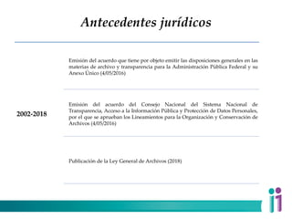 Antecedentes jurídicos
2002-2018
Emisión del acuerdo que tiene por objeto emitir las disposiciones generales en las
materias de archivo y transparencia para la Administración Pública Federal y su
Anexo Único (4/05/2016)
Emisión del acuerdo del Consejo Nacional del Sistema Nacional de
Transparencia, Acceso a la Información Pública y Protección de Datos Personales,
por el que se aprueban los Lineamientos para la Organización y Conservación de
Archivos (4/05/2016)
Publicación de la Ley General de Archivos (2018)
 