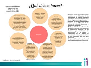 ¿Qué deben hacer?
Funciones
Asegurar y describir
los fondos bajo su
resguardo, así como la
consulta de los
expedientes
Recibir las
transferencias
primarias y brindar
servicios de préstamo y
consulta a las unidades
o áreas administrativas
productoras de la
documentación que
resguarda
Conservar los
expedientes hasta
cumplir su vigencia
documental de
acuerdo con lo
establecido en el
catálogo de
disposición
documental
Promover la baja
documental de los
expedientes que
integran las series
documentales que
hayan cumplido su
vigencia documental y,
en su caso, plazos de
conservación y que no
posean valores
históricos, conforme a
las disposiciones
jurídicas aplicables
Identificar los
expedientes que
integran las series
documentales que
hayan cumplido su
vigencia documental y
que cuenten con
valores históricos, y
que serán transferidos
a los archivos
históricos de los
sujetos obligados,
según corresponda
Integrar a sus
respectivos expedientes,
el registro de los
procesos de disposición
documental, incluyendo
dictámenes, actas e
inventarios
Realizar la transferencia
secundaria de las series
documentales que hayan
cumplido su vigencia
documental y posean valores
evidenciales, testimoniales e
informativos al archivo
histórico del sujeto obligado, o
al Archivo General, o
equivalente en las entidades
federativas, según corresponda
Responsable del
archivo de
concentración
Ley General de Archivos, art. 31
• Colaborar con el área coordinadora de
archivos en la elaboración de los
instrumentos de control archivístico
previstos en esta Ley, las leyes locales y
en sus disposiciones reglamentarias
• Participar con el área coordinadora de
archivos en la elaboración de los
criterios de valoración documental y
disposición documental
• Publicar, al final de cada año, los
dictámenes y actas de baja documental
y transferencia secundaria, en los
términos que establezcan las
disposiciones en la materia y
conservarlos en el archivo de
concentración por un periodo mínimo
de siete años a partir de la fecha de su
elaboración
• Las que establezca el Consejo Nacional
y las disposiciones jurídicas aplicables
 