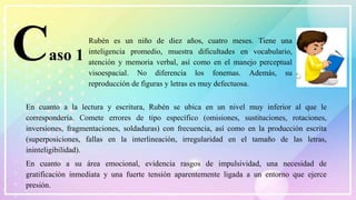 Caso 1
Rubén es un niño de diez años, cuatro meses. Tiene una
inteligencia promedio, muestra dificultades en vocabulario,
atención y memoria verbal, así como en el manejo perceptual
visoespacial. No diferencia los fonemas. Además, su
reproducción de figuras y letras es muy defectuosa.
En cuanto a la lectura y escritura, Rubén se ubica en un nivel muy inferior al que le
correspondería. Comete errores de tipo específico (omisiones, sustituciones, rotaciones,
inversiones, fragmentaciones, soldaduras) con frecuencia, así como en la producción escrita
(superposiciones, fallas en la interlineación, irregularidad en el tamaño de las letras,
ininteligibilidad).
En cuanto a su área emocional, evidencia rasgos de impulsividad, una necesidad de
gratificación inmediata y una fuerte tensión aparentemente ligada a un entorno que ejerce
presión.
 