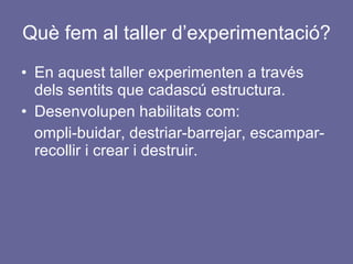 Què fem al taller d’experimentació? En aquest taller experimenten a través dels sentits que cadascú estructura. Desenvolupen habilitats com: ompli-buidar, destriar-barrejar, escampar-recollir i crear i destruir. 