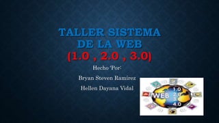 TALLER SISTEMA
DE LA WEB
(1.0 , 2.0 , 3.0)
Hecho 'Por:
Bryan Steven Ramírez
Hellen Dayana Vidal
 