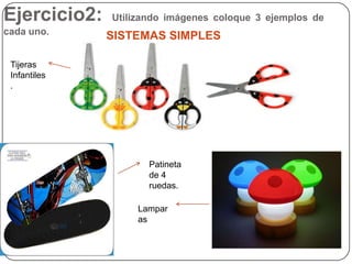 Ejercicio2: Utilizando imágenes coloque 3 ejemplos de
cada uno. SISTEMAS SIMPLES
Patineta
de 4
ruedas.
Lampar
as
Tijeras
I...