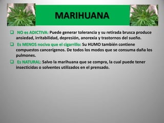 MARIHUANA
 NO es ADICTIVA: Puede generar tolerancia y su retirada brusca produce
ansiedad, irritabilidad, depresión, anorexia y trastornos del sueño.
 Es MENOS nociva que el cigarrillo: Su HUMO también contiene
compuestos cancerígenos. De todos los modos que se consuma daña los
pulmones.
 Es NATURAL: Salvo la marihuana que se compra, la cual puede tener
insecticidas o solventes utilizados en el prensado.
 