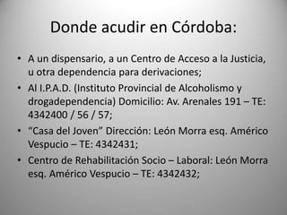 Donde acudir en Córdoba:
• A un dispensario, a un Centro de Acceso a la Justicia,
u otra dependencia para derivaciones;
• Al I.P.A.D. (Instituto Provincial de Alcoholismo y
drogadependencia) Domicilio: Av. Arenales 191 – TE:
4342400 / 56 / 57;
• “Casa del Joven” Dirección: León Morra esq. Américo
Vespucio – TE: 4342431;
• Centro de Rehabilitación Socio – Laboral: León Morra
esq. Américo Vespucio – TE: 4342432;
 