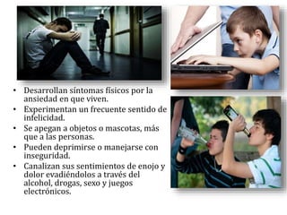 • Desarrollan síntomas físicos por la
ansiedad en que viven.
• Experimentan un frecuente sentido de
infelicidad.
• Se apegan a objetos o mascotas, más
que a las personas.
• Pueden deprimirse o manejarse con
inseguridad.
• Canalizan sus sentimientos de enojo y
dolor evadiéndolos a través del
alcohol, drogas, sexo y juegos
electrónicos.
 