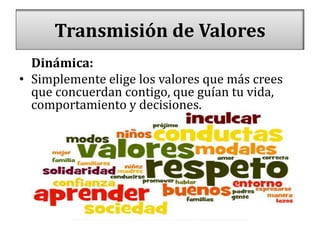 Transmisión de Valores
Dinámica:
• Simplemente elige los valores que más crees
que concuerdan contigo, que guían tu vida,
comportamiento y decisiones.
 