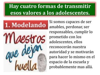 Hay cuatro formas de transmitir
esos valores a los adolescentes.
Si somos capaces de ser
amables, perdonar, ser
responsables, cumplir lo
prometido con los
adolescentes, ellos
reconocerán nuestra
autoridad y se motivarán
para hacer lo mismo en el
espacio de la escuela y
probablemente mas allá.
1. Modelando
 