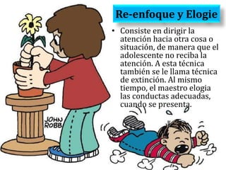 Re-enfoque y Elogie
• Consiste en dirigir la
atención hacia otra cosa o
situación, de manera que el
adolescente no reciba la
atención. A esta técnica
también se le llama técnica
de extinción. Al mismo
tiempo, el maestro elogia
las conductas adecuadas,
cuando se presenta.
 