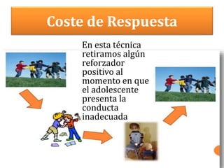 Coste de Respuesta
En esta técnica
retiramos algún
reforzador
positivo al
momento en que
el adolescente
presenta la
conducta
inadecuada
 
