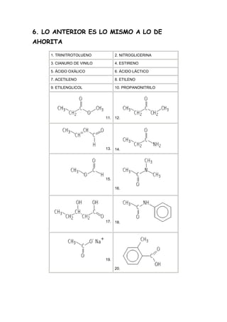 6. LO ANTERIOR ES LO MISMO A LO DE
AHORITA

    1. TRINITROTOLUENO           2. NITROGLICERINA

    3. CIANURO DE VINILO         4. ESTIRENO

    5. ÁCIDO OXÁLICO             6. ÁCIDO LÁCTICO

    7. ACETILENO                 8. ETILENO

    9. ETILENGLICOL              10. PROPANONITRILO




                           11.   12.




                           13.   14.




                           15.

                                 16.




                           17.   18.




                           19.

                                 20.
 