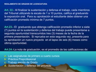 REGLAMENTO DE GRADOS DE LICENCIATURA


Art. 22.- Al finalizar la sustentación y defensa el trabajo, cada miembros
del Tribunal utilizando la escala de 1 a 10 puntos, califica al graduando
la exposición oral. Para su aprobación el estudiante debe obtener una
calificación promedio mínima de 7 puntos.

Art.23.- El graduando que obtenga calificación promedio inferior a siete
(7) puntos en la sustentación y defensa del trabajo puede presentarse a
segunda oportunidad transcurridos tres (3) meses de la fecha de la
primera presentación. Si reprueba en esta segunda vez, presenta para
su aprobación un nuevo proyecto en el lapso de seis (6) meses como
última oportunidad.

Art.24.-La nota de graduación, es el promedio de las calificaciones de:
Art.24.-

a.   Las asignaturas de primero a cuarto cursos
b.   Práctica Preprofesional
c.   Trabajo escrito de Grado
d.   Sustentación y defensa del proyecto
 