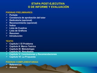 ETAPA POST-EJECUTIVA
                    O DE INFORME Y EVALUACIÓN
PÁGINAS PRELIMINARES:
 Portada
 Constancia de aprobación del tutor
 Dedicatoria (opcional)
 Reconocimiento (opcional)
 Índice
 Lista de Cuadros
 Lista de Gráficos
 Resumen
 Introducción

TEXTO:
 Capítulo I: El Problema
 Capítulo II: Marco Teórico
 Capítulo III: Metodología
 Capítulo IV: Resultados
 Capítulo V: Conclusiones y Recomendaciones
 Capítulo VI: La Propuesta

PÁGINAS COMPLEMENTARIAS:
 Referencias
 Anexos
 