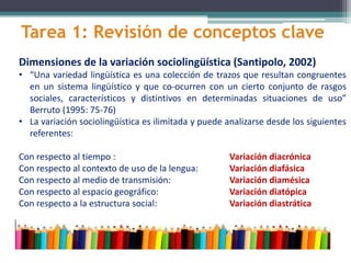 Dimensiones de la variación sociolingüística (Santipolo, 2002)
• “Una variedad lingüística es una colección de trazos que resultan congruentes
en un sistema lingüístico y que co-ocurren con un cierto conjunto de rasgos
sociales, característicos y distintivos en determinadas situaciones de uso”
Berruto (1995: 75-76)
• La variación sociolingüística es ilimitada y puede analizarse desde los siguientes
referentes:
Con respecto al tiempo : Variación diacrónica
Con respecto al contexto de uso de la lengua: Variación diafásica
Con respecto al medio de transmisión: Variación diamésica
Con respecto al espacio geográfico: Variación diatópica
Con respecto a la estructura social: Variación diastrática
Tarea 1: Revisión de conceptos clave
 