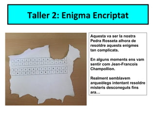 Taller 2: Enigma Encriptat

                Aquesta va ser la nostra
                Pedra Rosseta alhora de
                resoldre aquests enigmes
                tan complicats.

                En alguns moments ens vam
                sentir com Jean-Francois
                Champollion.

                Realment semblavem
                arqueòlegs intentant resoldre
                misteris desconeguts fins
                ara…
 