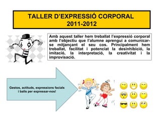 TALLER D’EXPRESSIÓ CORPORAL
                       2011-2012
                          Amb aquest taller hem treballat l’expressió corporal
                          amb l’objectiu que l’alumne aprengui a comunicar-
                          se mitjançant el seu cos. Principalment hem
                          treballat, facilitat i potenciat la desinhibició, la
                          imitació, la interpretació, la creativitat i la
                          improvisació.




Gestos, actituds, expressions facials
     i balls per expressar-nos!
 