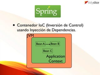 • Contenedor IoC (Inversión de Control)
  usando Inyección de Dependencias.
       JVM
            Bean A     Bean B

                Bean C
                     Application
                      Context
 