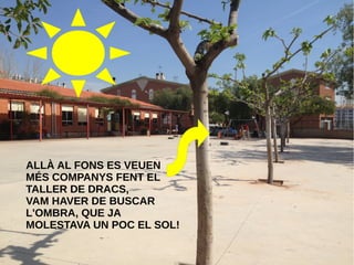 ALLÀ AL FONS ES VEUEN
MÉS COMPANYS FENT EL
TALLER DE DRACS,
VAM HAVER DE BUSCAR
L'OMBRA, QUE JA
MOLESTAVA UN POC EL SOL!
 