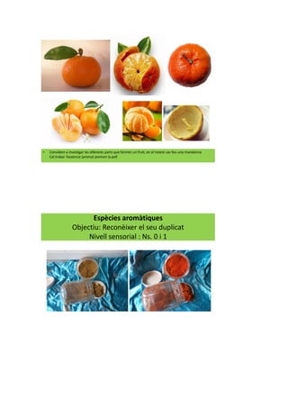 • Convidem a investigar les diferents parts que formen un fruit; en el nostre cas fou una mandarina.
Cal trobar l’essència (aroma) premen la pell
Espècies aromàtiques
Objectiu: Reconèixer el seu duplicat
Nivell sensorial : Ns. 0 i 1
 