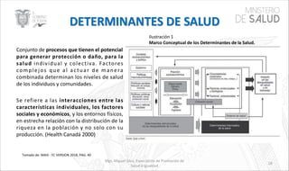 Conjunto de procesos que tienen el potencial
para generar protección o daño, para la
salud individual y colectiva. Factores
complejos que al actuar de manera
combinada determinan los niveles de salud
de los individuos y comunidades.
Se refiere a las interacciones entre las
características individuales, los factores
sociales y económicos, y los entornos físicos,
en estrecha relación con la distribución de la
riqueza en la población y no solo con su
producción. (Health Canadá 2000)
Mgs. Miguel Silva, Especialista de Promoción de
Salud e Igualdad
Tomado de: MAIS - FC VERSION 2018, PAG. 40
Ilustración 1
Marco Conceptual de los Determinantes de la Salud.
18
 