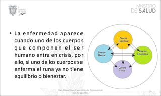 • La enfermedad aparece
cuando uno de los cuerpos
q u e c o m p o n e n e l s e r
humano entra en crisis, por
ello, si uno de los cuerpos se
enferma el runa ya no tiene
equilibrio o bienestar.
Mgs. Miguel Silva, Especialista de Promoción de
Salud e Igualdad
25
 