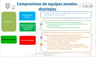Mgs. Miguel Silva, Especialista de Promoción de
Salud e Igualdad
31
Casos Muerte
Materna
Modelo de gestión de
inconformidades
ciudadanas
Servicios inclusivos
ü Participar investigación casos de MM, asegurar la inclusión de enfoques de
derechos, género e interculturalidad.
ü Implementar modelo de gestión de inconformidades ciudadanas:
üCapacitación a Responsables Unidades Atención Ciudadana Distritos –
Establecimientos salud.
üHacer seguimiento y difusión procesos implementados.
üAsegurar equipamiento y servicios de acuerdo a normas:
ü “Norma Técnica de Atención Integral en Violencia de Género”.
ü“Guía de Práctica clínica para Poblaciones LGBTI”.
üPlanes de réplica en distritos – Derechos Paciente:
üCapacitación profesionales salud
üInformación a la ciudadanía en salas de espera. (TAPS)
üVerificar la colocación del material de la campaña “Derechos
del Paciente” en unidades operativas.
Observancia
Institucionalización
 