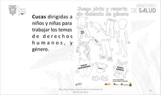 Mgs. Miguel Silva, Especialista de Promoción de
Salud e Igualdad
46
Cucas dirigidas a
niños y niñas para
trabajar los temas
d e d e r e c h o s
h u m a n o s , y
género.
 