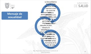 Mgs. Miguel Silva, Especialista de Promoción de
Salud e Igualdad
58
La Sexualidad es
diversa, cada
persona siente,
expresa y vive
las cosas de
manera
diferente a lo
largo de su vida
y por ello se
habla de
“sexualidades”.
Es importante
distinguir tres
conceptos: Sexo
que son los
genitales,
relaciones
sexuales el acto
sexual y la
sexualidad es
una construcción
amplia y sucede
desde que
nacemos hasta
que morimos.
La sexualidad
comprende
categorías,
dimensiones y
cumple varias
funciones en la
vida de cada
persona.
Mensaje de
sexualidad
 