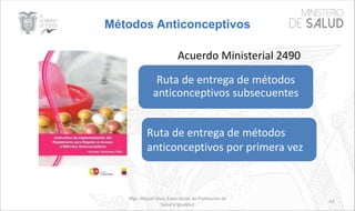 Métodos Anticonceptivos
Mgs. Miguel Silva, Especialista de Promoción de
Salud e Igualdad
63
Acuerdo Ministerial 2490
Ruta de entrega de métodos
anticonceptivos subsecuentes
Ruta de entrega de métodos
anticonceptivos por primera vez
 