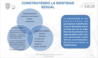 Mgs. Miguel Silva, Especialista de Promoción de
Salud e Igualdad
67
CONSTRUYENDO LA IDENTIDAD
SEXUAL
ORIENTACIÓN SEXUAL
Homosexual : gay o lesbiana
Bisexual
Heterosexual
IDENTIDAD DE GÉNERO
Femenina
Masculina
Transmasculinos
Transfemeninos
Transgénero
(normas culturales)
IDENTIDAD SEXUAL
Hace referencia a la
identificación con los
ó r g a n o s s e x u a l e s
masculinos o femeninos
con los que se nace.
L a p e r s o n a p u e d e
sentirse identificada con
estos órganos sexuales o
sentir un rechazo hacia
l o s m i s m o s y u n a
necesidad de cambiarlos
L a i d e n t i d a d e s u n
c o n s t r u c t o e n
permanente redefinición
y que la identidad sexual
no tiene que ser un rasgo
físico de las personas a lo
largo de toda su vida, sino
una construcción social
abierta a permanentes
d e c o n s t r u c c i o n e s y
redefiniciones
 