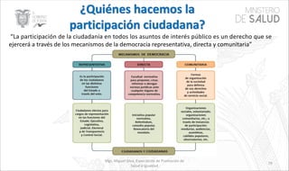 Mgs. Miguel Silva, Especialista de Promoción de
Salud e Igualdad
79
“La participación de la ciudadanía en todos los asuntos de interés público es un derecho que se
ejercerá a través de los mecanismos de la democracia representativa, directa y comunitaria”
 