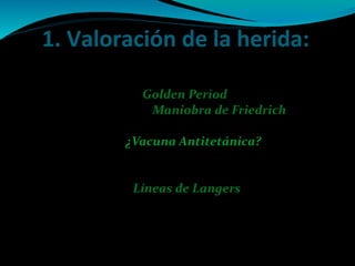 1. Valoración de la herida:
* Observación de la herida
* ¿Cómo y cuando se produjo la herida?
“Golden Period”
* Revisar bordes: Maniobra de Friedrich
* Tipo de heridas: limpias o sucias
* ¿Vacuna Antitetánica?
* Alergias
* Limpieza y desinfección
Líneas de Langers
 