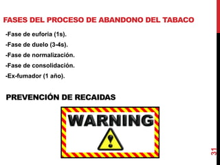 31
FASES DEL PROCESO DE ABANDONO DEL TABACO
PREVENCIÓN DE RECAIDAS
-Fase de euforia (1s).
-Fase de duelo (3-4s).
-Fase de normalización.
-Fase de consolidación.
-Ex-fumador (1 año).
 