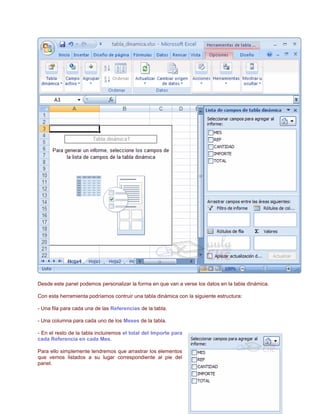 Desde este panel podemos personalizar la forma en que van a verse los datos en la tabla dinámica.
Con esta herramienta podríamos contruir una tabla dinámica con la siguiente estructura:
- Una fila para cada una de las Referencias de la tabla.
- Una columna para cada uno de los Meses de la tabla.
- En el resto de la tabla incluiremos el total del Importe para
cada Referencia en cada Mes.
Para ello simplemente tendremos que arrastrar los elementos
que vemos listados a su lugar correspondiente al pie del
panel.

 
