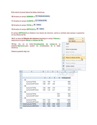 9 Se abrirá el panel lateral de tablas dinámicas.
10 Arrastra el campo SEMANA a

.

11 Arrastra el campo CLIENTE a
12 Arrastra el campo TOTAL a
13 Arrastra el campo ARTICULO a

.
.
.

El campo ARTICULO se añadirá a los rótulos de columna, vamos a cambiar esto porque o queremos
en los rótulos de fila.
14 En el área de Rótulos de columna despliega el campo Valores y
selecciona la opción Mover a rótulos de fila.
15 Haz clic en el botón Encabezados de campo de la
pestaña Opciones para quietar los encabezados de la tabla
dinámica.
Deberá quedarte algo así:

 