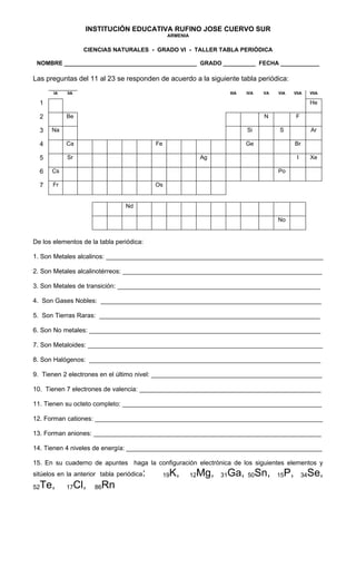 INSTITUCIÓN EDUCATIVA RUFINO JOSE CUERVO SUR
                                                    ARMENIA


                    CIENCIAS NATURALES - GRADO VI - TALLER TABLA PERIÓDICA

 NOMBRE _________________________________________ GRADO __________ FECHA ____________

Las preguntas del 11 al 23 se responden de acuerdo a la siguiente tabla periódica:
       IA   IIA                                                               IIIA   IVA   VA   VIA       VIIA      VIIA

  1                                                                                                                 He

  2         Be                                                                             N               F

  3    Na                                                                            Si         S                   Ar

  4         Ca                                Fe                                     Ge                   Br

  5         Sr                                                     Ag                                      I        Xe

  6    Cs                                                                                       Po

  7    Fr                                     Os


                                  Nd

                                                                                                No


De los elementos de la tabla periódica:

1. Son Metales alcalinos: _____________________________________________________________

2. Son Metales alcalinotérreos: ________________________________________________________

3. Son Metales de transición: _________________________________________________________

4. Son Gases Nobles: ______________________________________________________________

5. Son Tierras Raras: ______________________________________________________________

6. Son No metales: _________________________________________________________________

7. Son Metaloides: __________________________________________________________________

8. Son Halógenos: _________________________________________________________________

9. Tienen 2 electrones en el último nivel: ________________________________________________

10. Tienen 7 electrones de valencia: ___________________________________________________

11. Tienen su octeto completo: ________________________________________________________

12. Forman cationes: ________________________________________________________________

13. Forman aniones: ________________________________________________________________

14. Tienen 4 niveles de energía: _______________________________________________________

15. En su cuaderno de apuntes haga la configuración electrónica de los siguientes elementos y
sitúelos en la anterior tabla periódica   :        19   K,    12   Mg,   31   Ga, 50Sn,         15   P,        34   Se,
52   Te,    17    Cl,   86   Rn
 