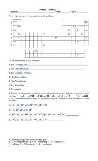 QUIMICA - GRADO VI -
 NOMBRE _________________________________________ CICLO __________ FECHA ____________

Responda de acuerdo a la siguiente tabla periódica:
       IA       IIA                                                IIIA   IVA   VA   VIA   VIIA   VIIA

  1                                                                                               He

  2             Be                                                              N           F

  3   Na                                                                  Si         S            Ar

  4             Ca                        Fe                              Ge               Br

  5             Sr                                       Ag                                 I     Xe

  6   Cs                                                                             Po

  7    Fr                                 Os


                                Nd

                                                                                     No


De los elementos de la tabla periódica:

1. Son Metales grupo IIA: ____________________________________________________________

2. Son GASES NOBLES: ________________________________________________________

3. Son Metales de transición: _________________________________________________________

4. Son Gases Nobles: ______________________________________________________________

5. Son Tierras Raras: ______________________________________________________________

6. Son No metales: _________________________________________________________________

7. Son Metales __________________________________________________________________

2. Realice la configuración electrónica de los siguientes elementos y sitúelos en la anterior tabla
periódica   :19       K,
                     12    Mg,31     Ga, Sn,
                                       50        15   P, 34   Se, 52      Te, 17     Cl,86        Rn
3. A qué elementos corresponden las siguientes configuraciones electrónicas. Píntelos en la tabla
periódica:

a. 1s2, 2s2, 2p6, 3s2, 3p6, 4s2, 3d10, 4p4 __________

b. 1s2, 2s2, 2p6, 3s2, 3p5

c. 1s2, 2s2, 2p6, 3s2, 3p6, 4s2, 3d10, 4p6, 5s2, 4d10, 5p6, 6s2 __________

d. 1s2, 2s2, 2p6, 3s2, 3p6, 4s2, 3d10, 4p6 _____________




7.Complete la siguiente tabla sabiendo que:
a. El Número atómico Z = P+ (Protones), = e- (Electrones).
b. La Masa A = N (neutrones) + P+ (protones).
 