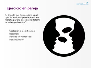 Ejercicio en pareja
De todo lo que hemos visto, ¿qué
tipo de acciones puedo poner en
marcha para la gestión del talento
en mi organización?



    Captación e identificación
    Desarrollo
    Motivación y retención
    Desvinculación
 