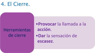 4. El Cierre.
•Provocar la llamada a la
acción.
•Dar la sensación de
escasez.
Herramientas
de cierre
 