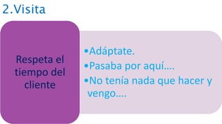 2.Visita
•Adáptate.
•Pasaba por aquí….
•No tenía nada que hacer y
vengo….
Respeta el
tiempo del
cliente
 