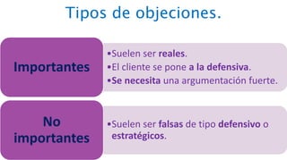 Tipos de objeciones.
•Suelen ser reales.
•El cliente se pone a la defensiva.
•Se necesita una argumentación fuerte.
Importantes
•Suelen ser falsas de tipo defensivo o
estratégicos.
No
importantes
 