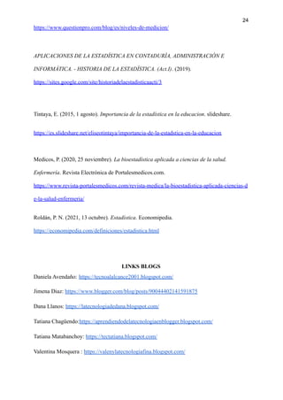 24
https://www.questionpro.com/blog/es/niveles-de-medicion/
APLICACIONES DE LA ESTADÍSTICA EN CONTADURÍA, ADMINISTRACIÓN E
INFORMÁTICA. - HISTORIA DE LA ESTADÍSTICA. (Act.I). (2019).
https://sites.google.com/site/historiadelaestadisticaacti/3
Tintaya, E. (2015, 1 agosto). Importancia de la estadística en la educacion. slideshare.
https://es.slideshare.net/eliseotintaya/importancia-de-la-estadstica-en-la-educacion
Medicos, P. (2020, 25 noviembre). La bioestadística aplicada a ciencias de la salud.
Enfermería. Revista Electrónica de Portalesmedicos.com.
https://www.revista-portalesmedicos.com/revista-medica/la-bioestadistica-aplicada-ciencias-d
e-la-salud-enfermeria/
Roldán, P. N. (2021, 13 octubre). Estadística. Economipedia.
https://economipedia.com/definiciones/estadistica.html
LINKS BLOGS
Daniela Avendaño: https://tecnoalalcance2001.blogspot.com/
Jimena Diaz: https://www.blogger.com/blog/posts/90044402141591875
Dana Llanos: https://latecnologiadedana.blogspot.com/
Tatiana Chagüendo:https://aprendiendodelatecnologiaenblogger.blogspot.com/
Tatiana Matabanchoy: https://tectatiana.blogspot.com/
Valentina Mosquera : https://valenylatecnologiafina.blogspot.com/
 