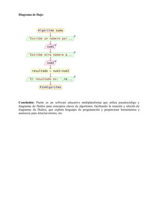 Diagrama de flujo:
Conclusión: Pseint es un software educativo multiplataforma que utiliza pseudocódigo y
diagramas de fluidos para conceptos claves de algoritmos, facilitando la creación y edición de
diagramas de fluidos, que explora lenguajes de programación y proporciona herramientas y
asistencia para detectar errores, etc.
 